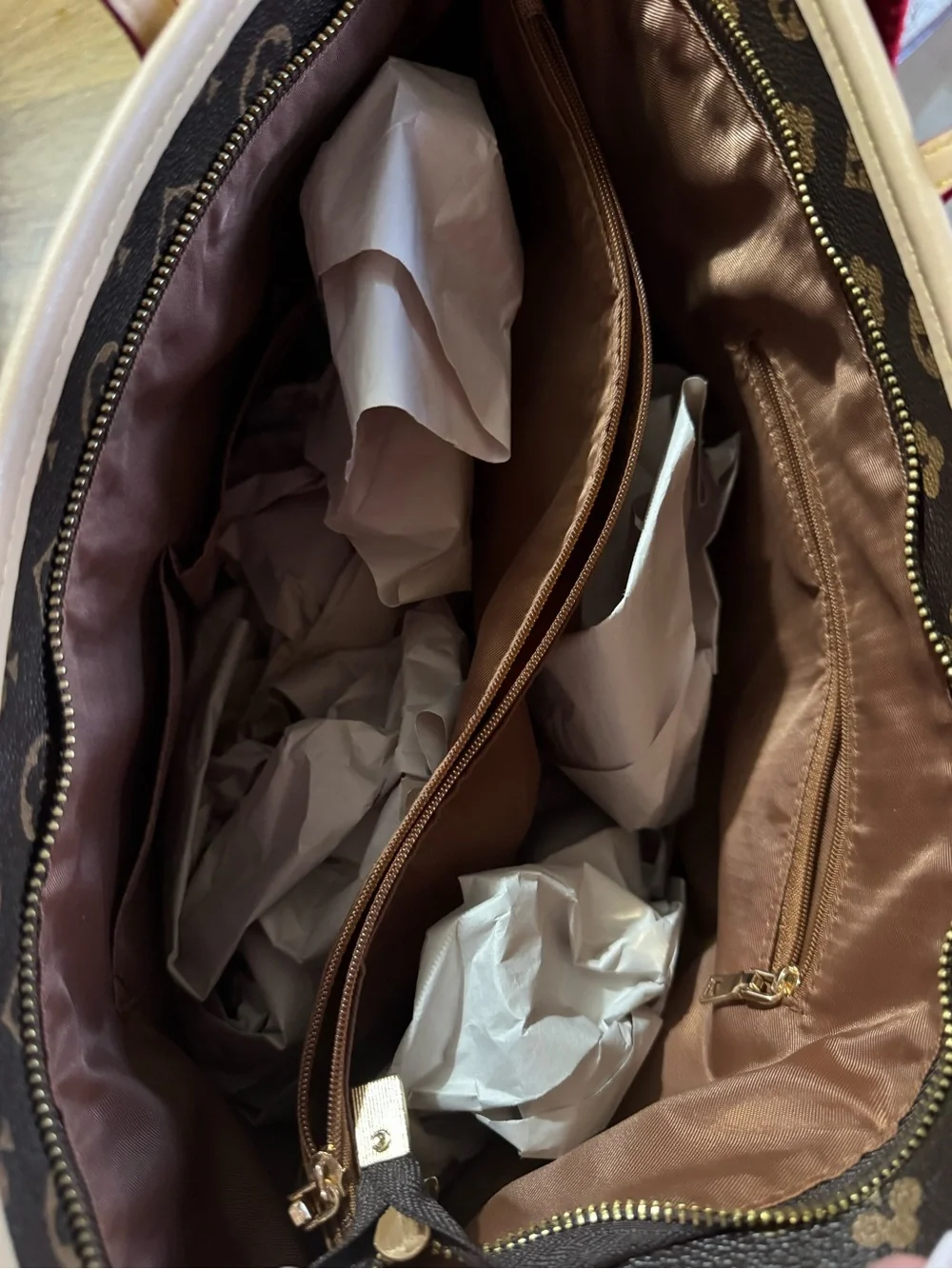 Louis Vuitton Brown Monogram Canvas Tote with Red-Trim Handles